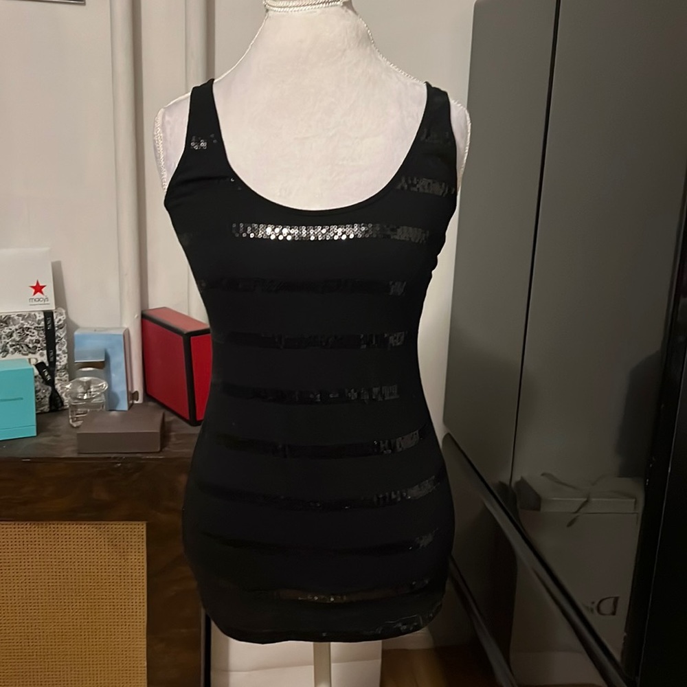 Black tank top with black sequins stripes